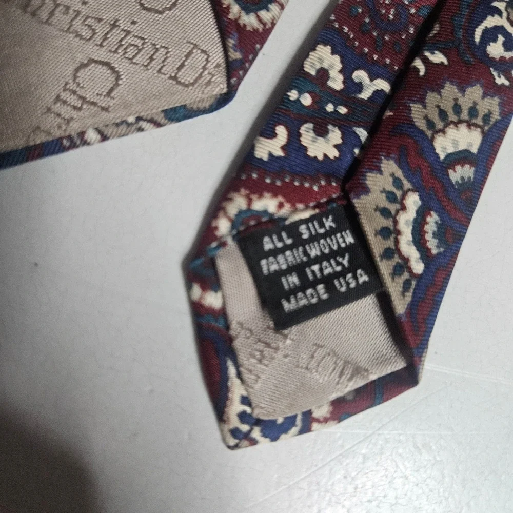 Christian Dior Monsieur‎ Silk Paisley Tie Burgundy Navy Blue Woven Italy Vintage